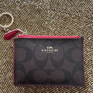 Coach Signature Canvas Red Leather Mini Keychain Wallet and ID Case